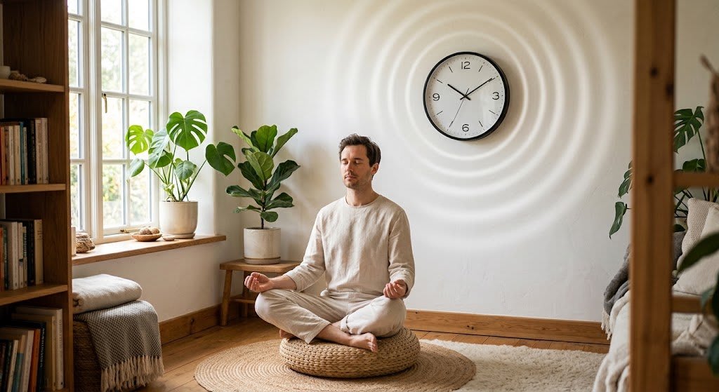 An illustration representing how to practice mindfulness meditation showing a person meditating peacefully in a cozy room with a wall clock emitting soft ripples.